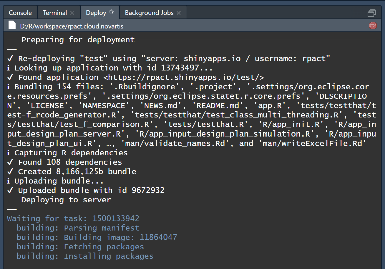 Screenshot showing
the deployment progress in the Deploy tab of RStudio