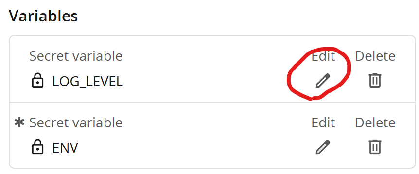 Screenshot showing the Edit button for existing variables in the Posit Connect Workbench